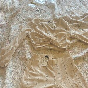 H&M Beige Eyelet Two-Piece Set - Cropped Twist Top & Matching Skirt